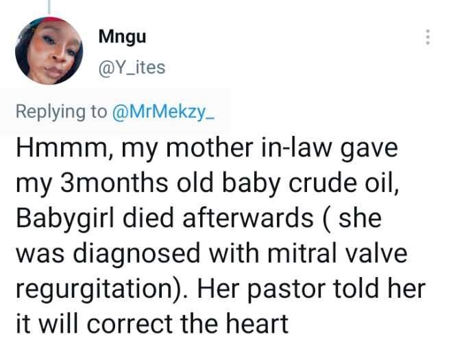 Lady narrates how her baby died after her mother-in-law gave her crude oil to drink