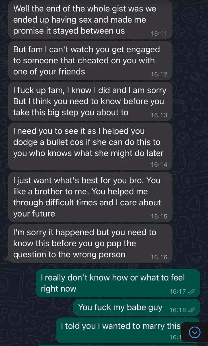 Man confesses to his best friend before his wedding; says he slept with his wife-to-be and can't watch him marry the wrong person
