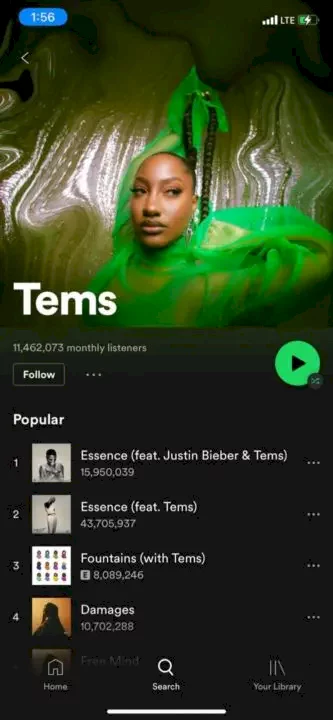 Tems Becomes Spotify's Most Streamed African Artiste