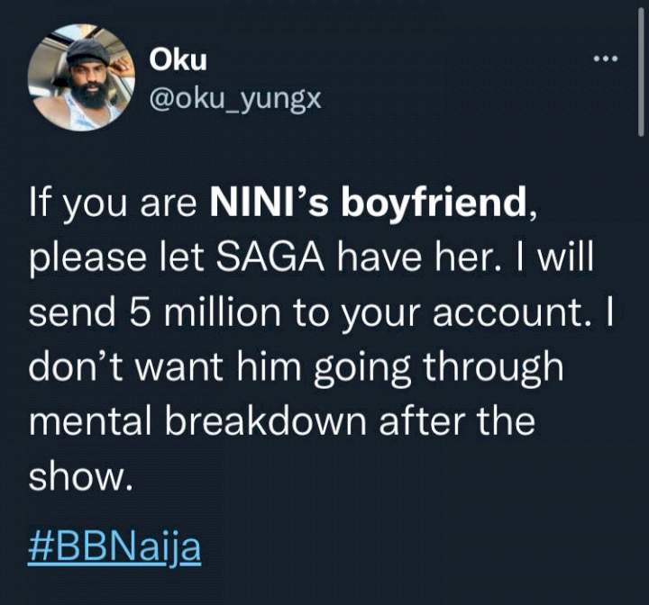 BBNaija: Man offers Nini's boyfriend N5M to leave her for Saga ahead of show's conclusion