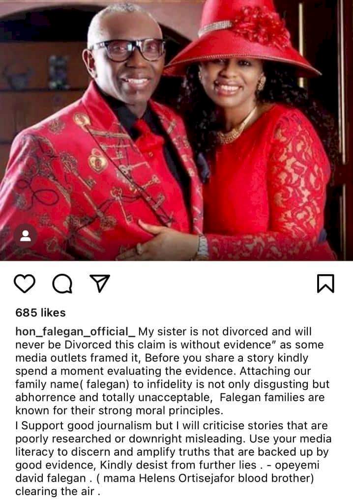 'My sister is not divorced and will never be divorced' - Opeyemi Falegan debunks rumors of sister's divorce from Pastor Ayo Oritsejafor