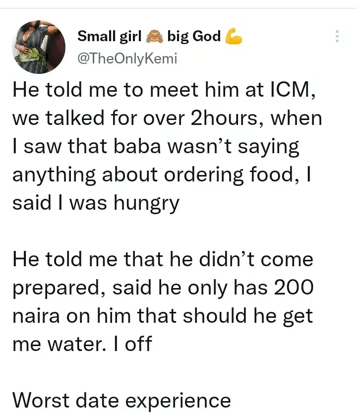 Lady narrates experience with man who brought only N200 to a date