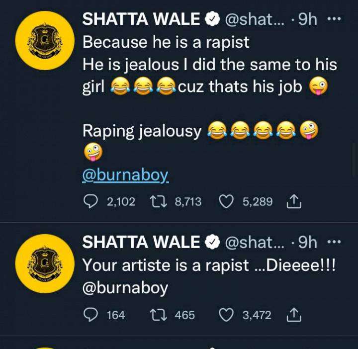 'Because Burna Boy is a rapist, he is jealous I did same to his girl' - Shatta Wale