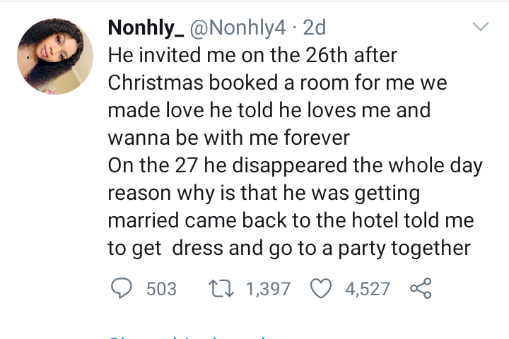 Lady laments after man she met and made love with on same day left to get married next day