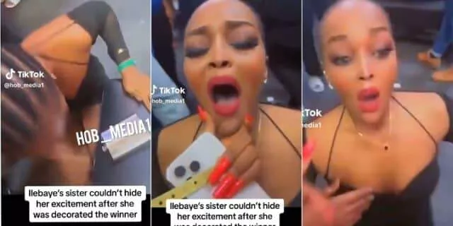 Moment Illebaye's sister pulled her wig and fell to the floor after her sister was declared winner