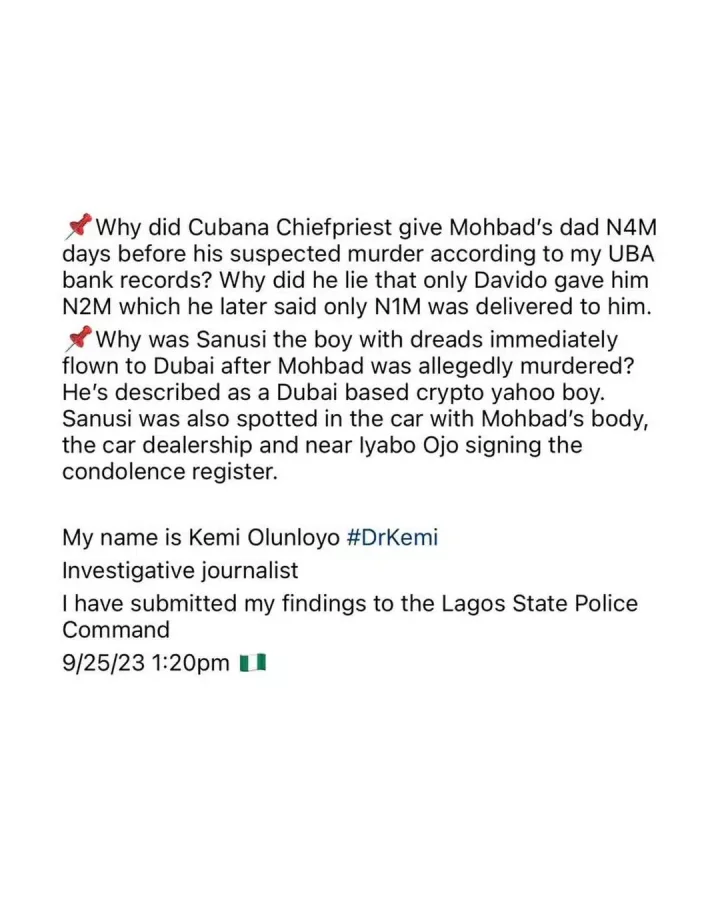 Kemi Olunloyo alleges Sam Larry fathered Mohbad's son, Cubana Chief Priest mentioned