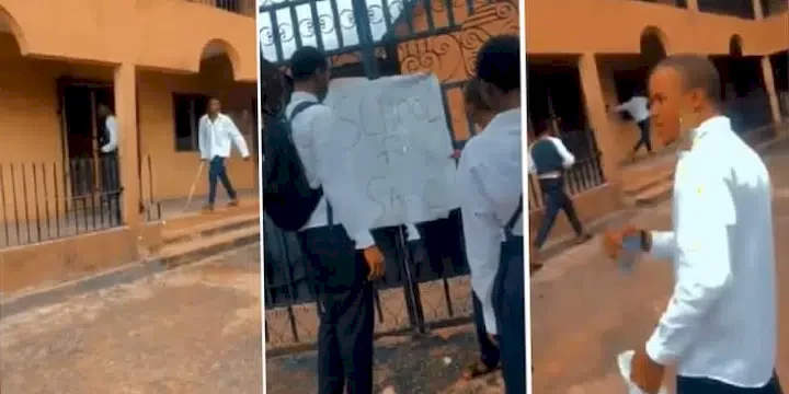 Moment SS3 students vandalize school property after principal fled with their WAEC fees and put up the school for sale (Video)