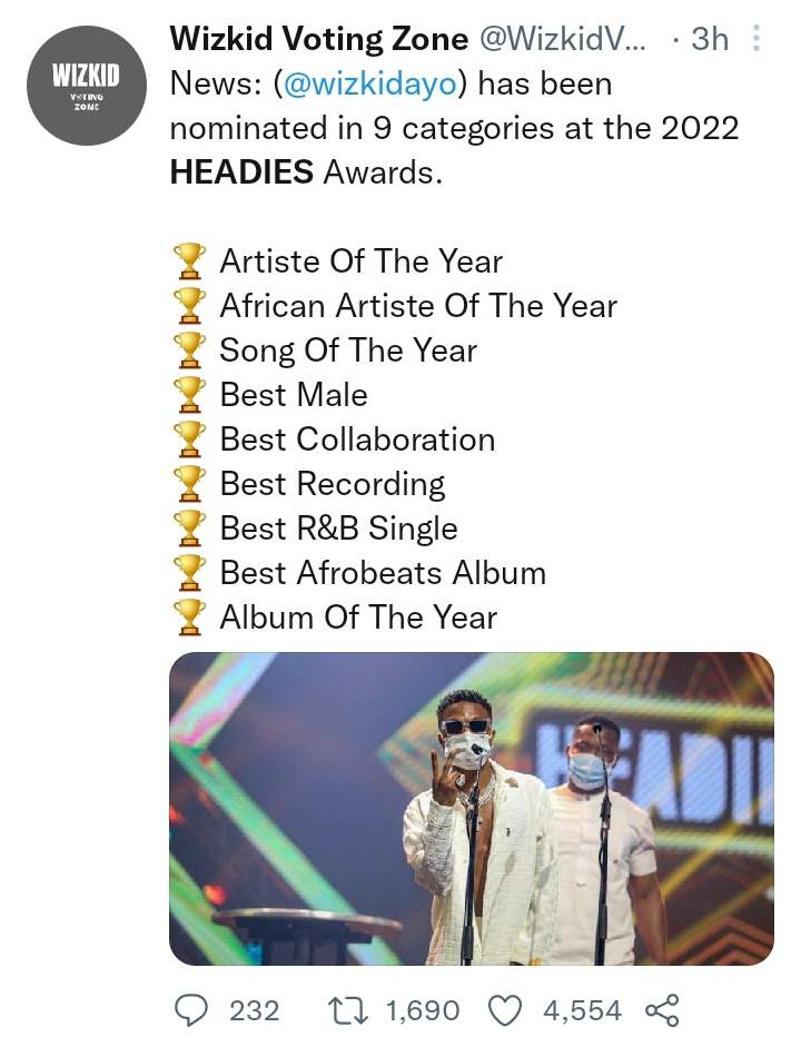 'Big Wiz' - Fans ecstatic as Wizkid gets nominated in 9 categories at the 2022 Headies Awards