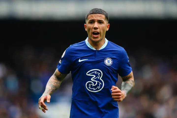 LONDON, ENGLAND - MAY 13: Enzo Fernandez of Chelsea reacts during the Premier League match between Chelsea FC and Nottingham Forest at Stamford Bridge on May 13, 2023 in London, United Kingdom. (Photo by Craig Mercer/MB Media/Getty Images)