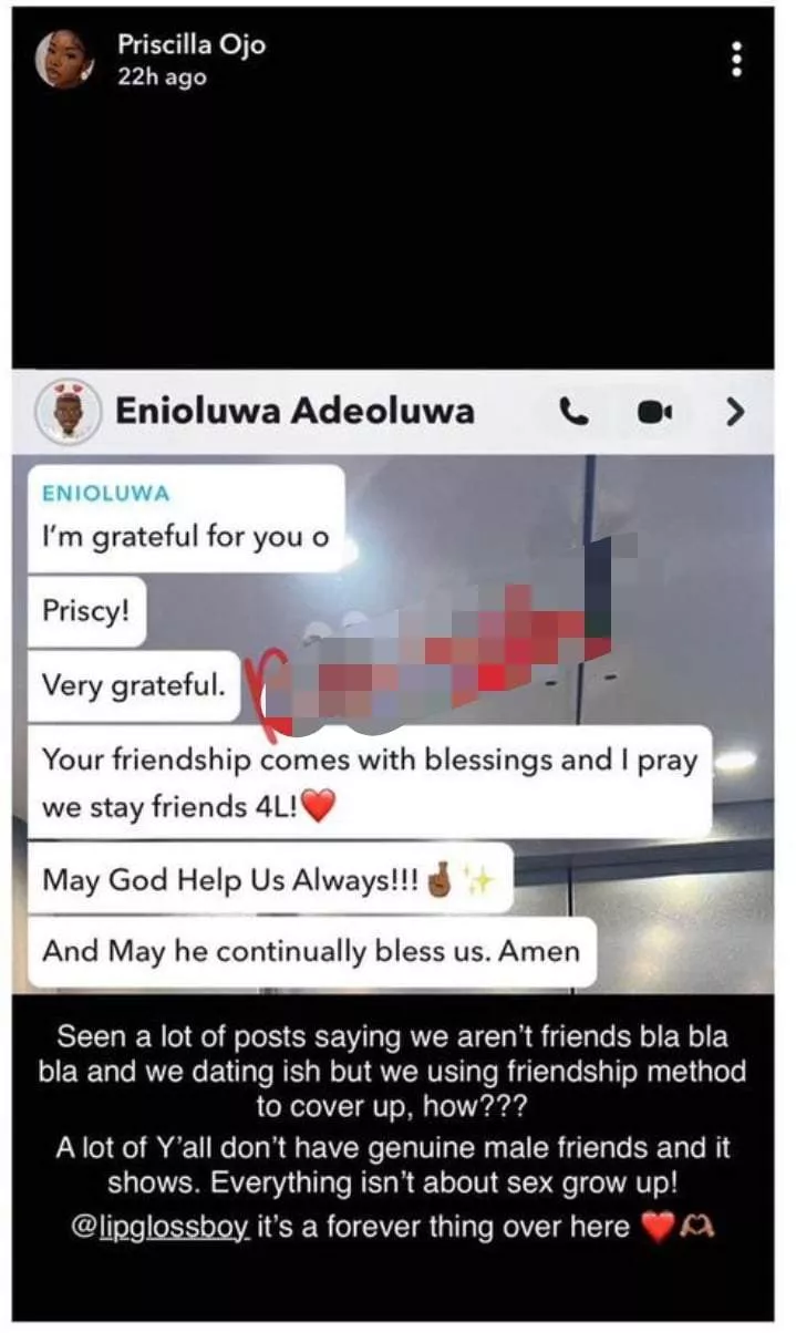 'A lot of you don't have genuine male friends' - Priscilla Ojo clears air on dating Enioluwa, shares evidence