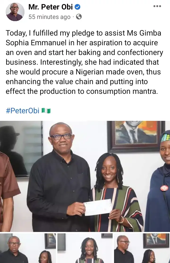 Peter Obi fulfills pledge to assist lady who couldn't afford N75K to buy oven for her business