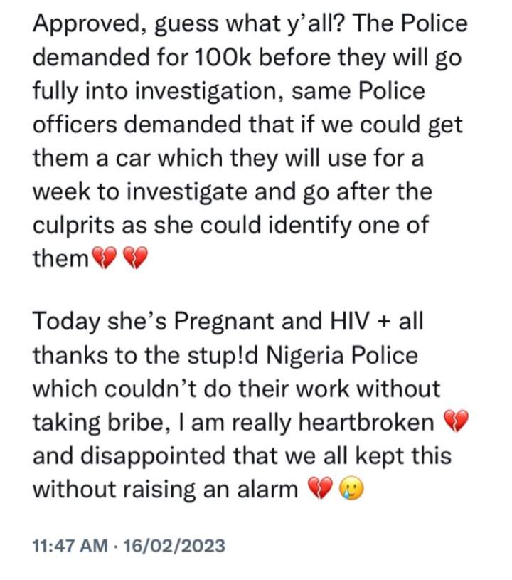 Twitter user accuses police of demanding for N100k to investigate case of a lady who was r*ped and infected with HIV