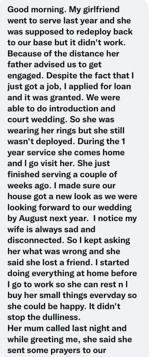 Heartbroken man seeks advice after finding out wife slept with 6 men at NYSC camp, aborted twice