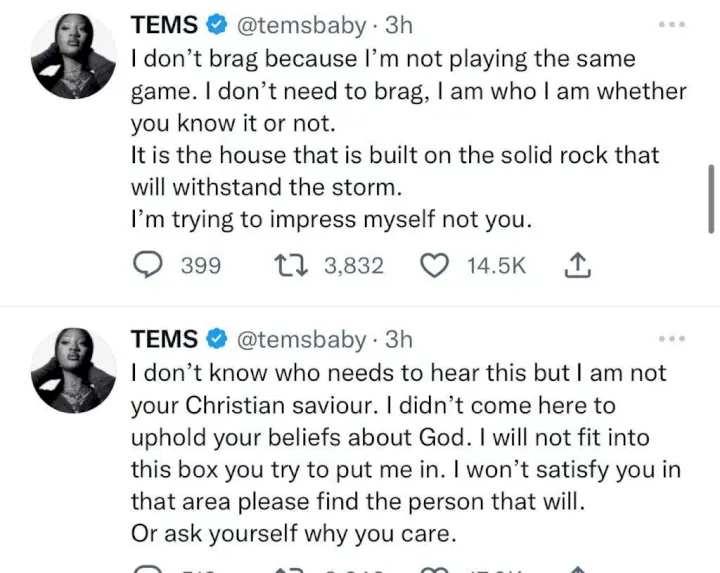 'I'm not your Christian savior; I will not fit into this box you try to put me in' - Tems sets fans straight