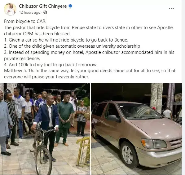 OPM pastor rewards preacher with car, other gifts for riding bicycle from Benue to greet him