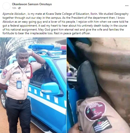 Friends mourn as its revealed that FRSC officer crushed to death in Orile recently welcomed a child