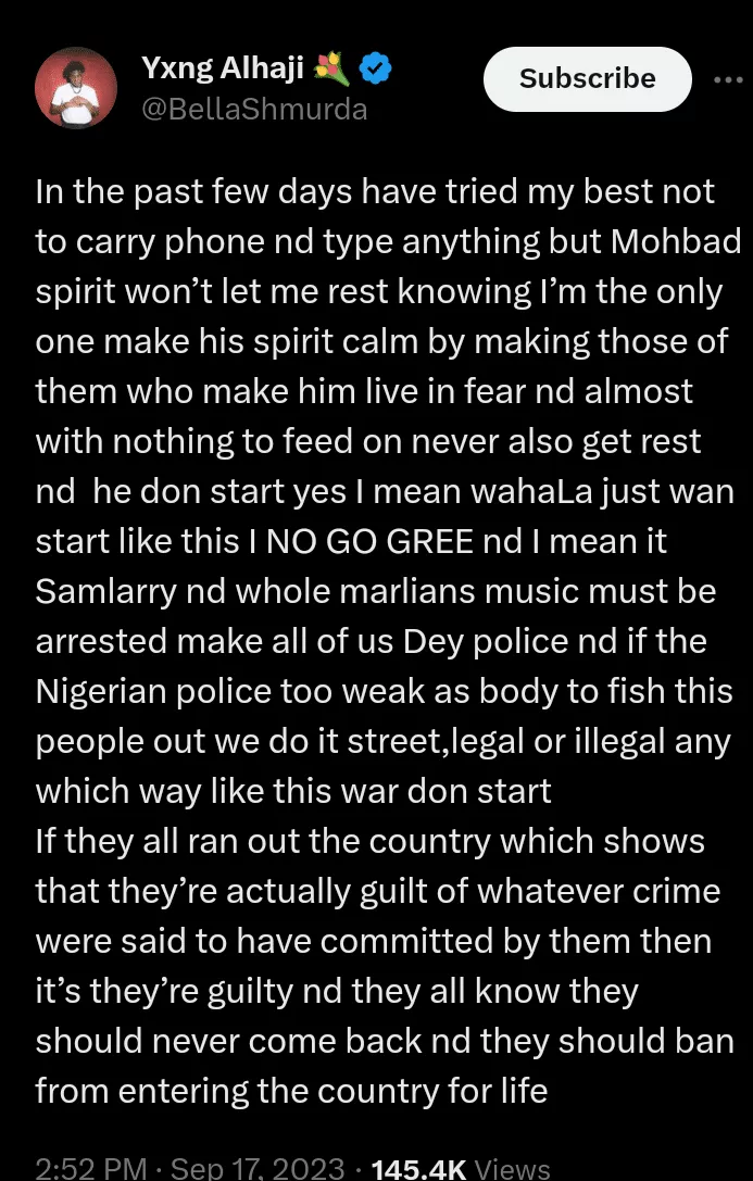 Sam Larry And the Whole Marlian Music Must Be Arrested - Bella Shmurda Finally Voice Out