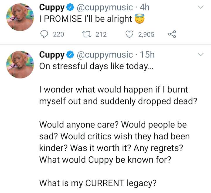 'I will be alright' DJ Cuppy assures fans after she made a post wondering what would happen if she 'suddenly dropped dead'