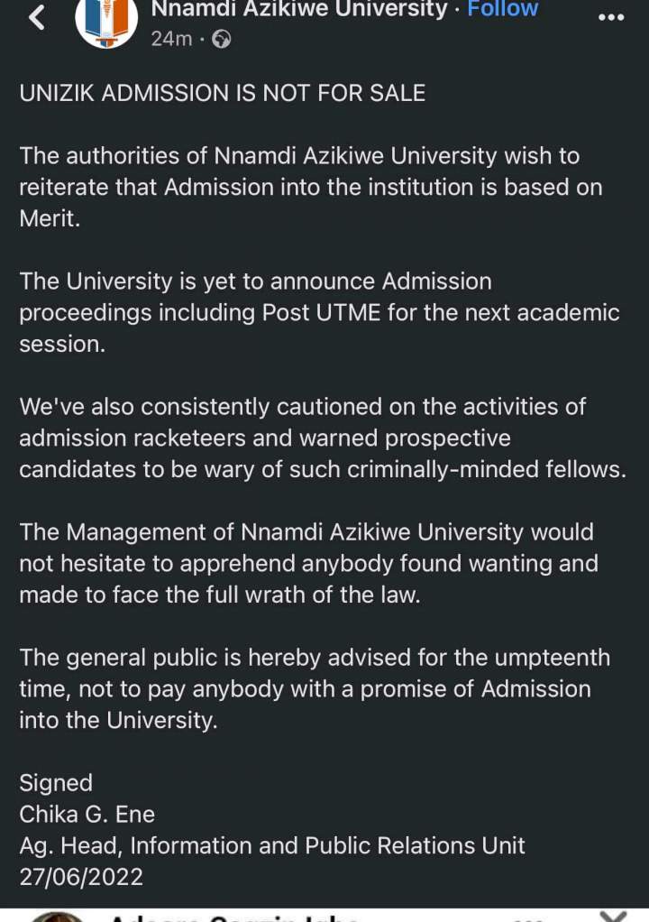 UNIZIK reacts after Facebook user advertised its admission slots for sale