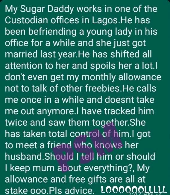 'Should I tell him? ' - Lady seeks advice after discovering husband of woman who is gradually stealing her Sugar daddy's heart