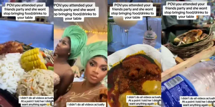 'Only at Yoruba party' - Lady overfed at party stuns many as she begs friend, servers to stop serving her food and drinks