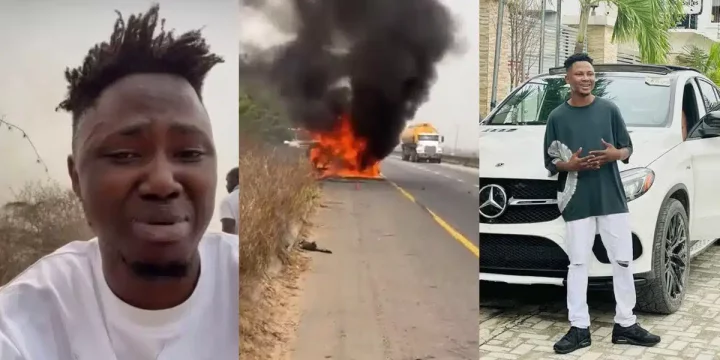 'Help me, my car has burnt' - TikTok influencer, Oloba Salo in tears as multi-million naira car engulfs in flames