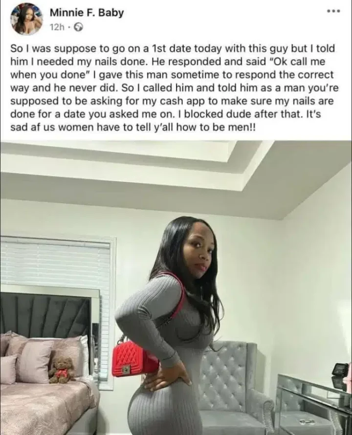 Lady blocks man on first date for not offering to pay for her nails