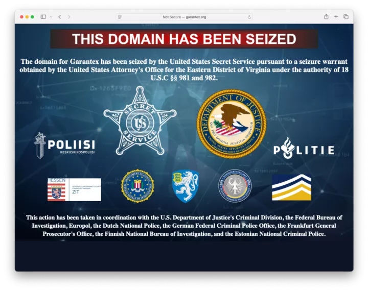 This screenshot shows the Garantex website which the US Justice Department, in coordination with Germany and Finland, disrupted and took down. The cryptocurrency exchange website allegedly facilitated money laundering by transnational criminal organizations - including terrorist organizations - and sanctions violations, according to the US Justice Department.