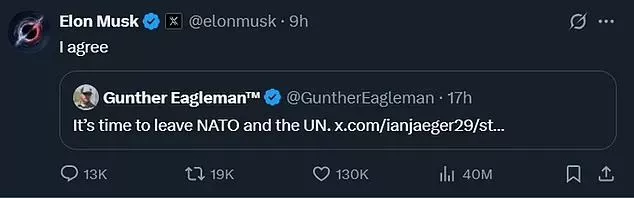 Elon Musk appears to back US withdrawing from NATO and UN