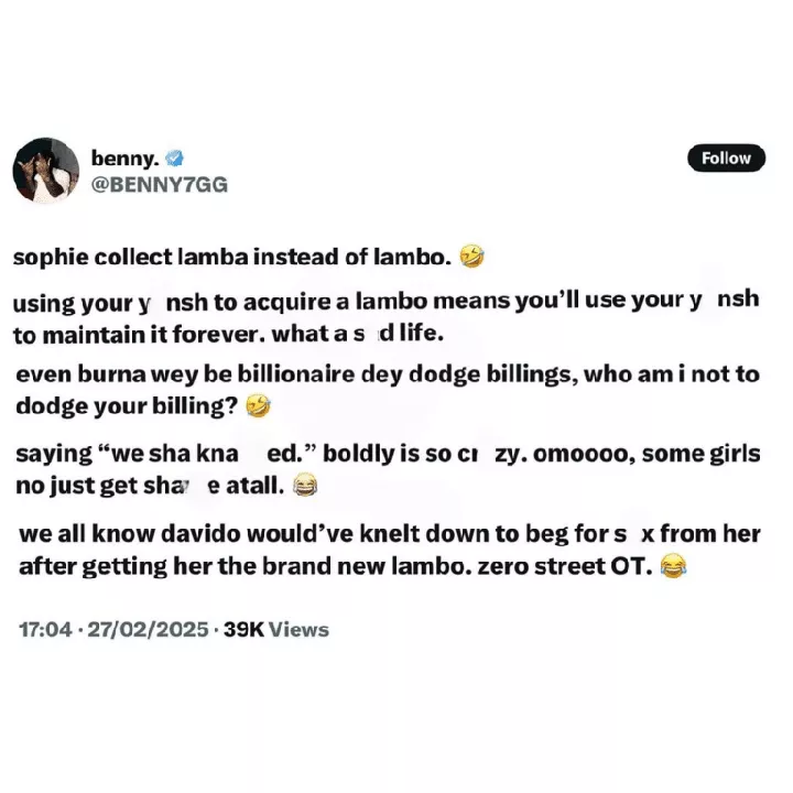 Burna Boy's associate, Benny, shades Davido following Sophia Egbueje's Lambo saga with artist