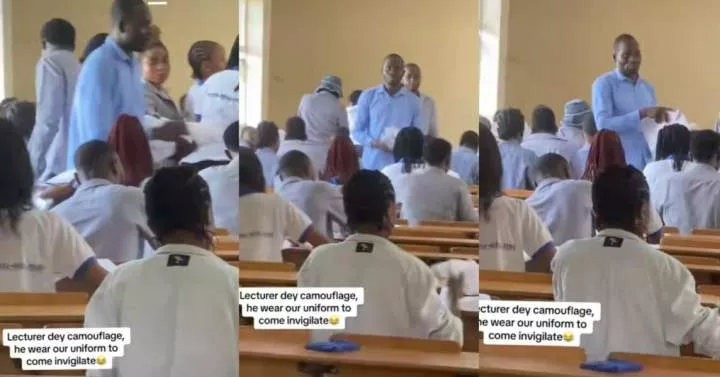 "Lecturer dey camouflage" - Lecturer puts on students' departmental uniform to invigilate exam