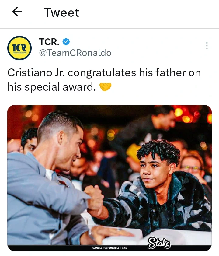 Reactions as Cristiano Ronaldo's son was spotted congratulating him after winning a globe soccer award