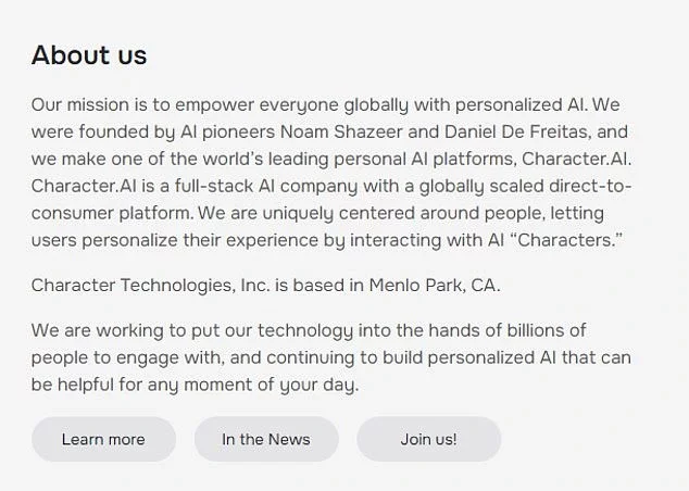 The 'About Us' page on Character.AI's website, which explains the mission of the company