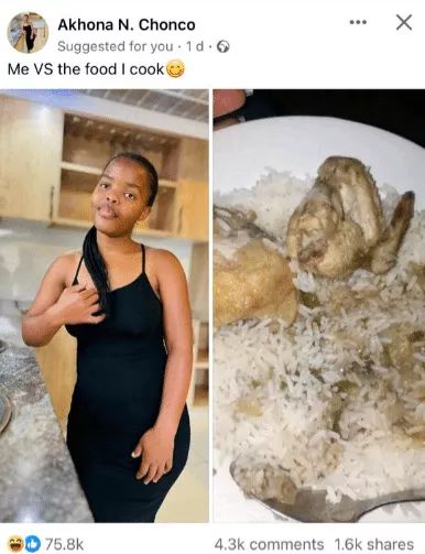 Photo of beautiful lady and the food she brags about cooking causes buzz online