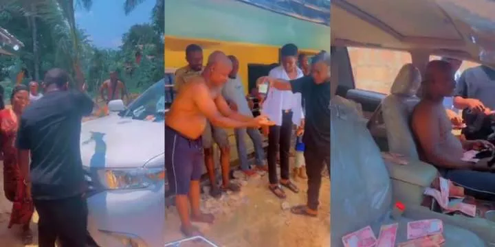 "No value" - Nigerian big boy washes father's hand with expensive alcohol as he gifts him an SUV
