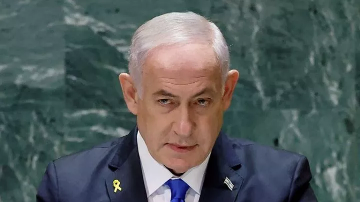 Israel's Prime Minister Benjamin Netanyahu addresses the UN general assembly. Pic: Reuters