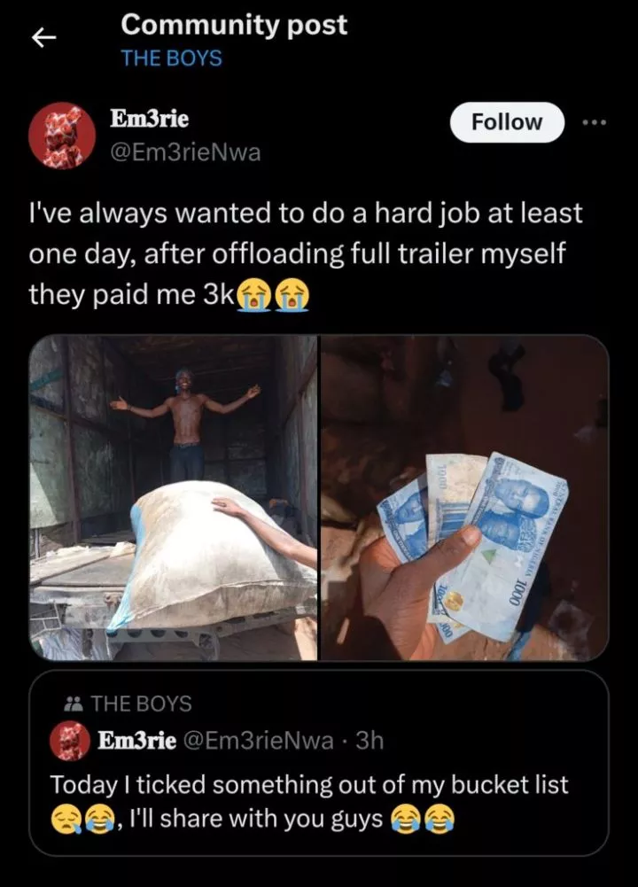 Man achieves bucket list goal of unloading goods from a trailer, flaunts ₦3k payment