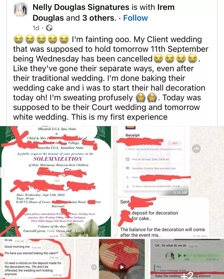 Nigerian Baker left in shock after her client asked for a refund as her wedding had been called off a day before the ceremony