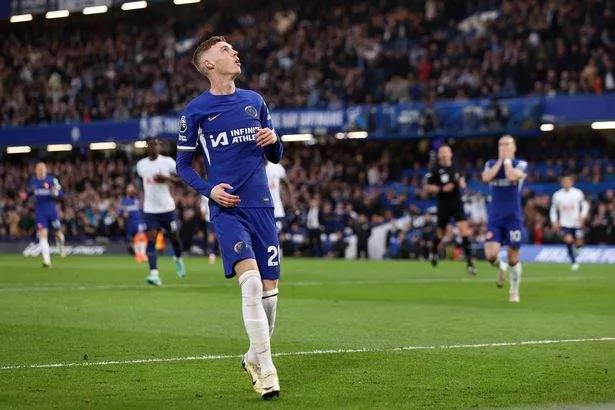 Cole Palmer of Chelsea reacts after his shot misses during the Premier League match between Chelsea FC and Tottenham Hotspur at Stamford Bridge on May 02, 2024 in London, England