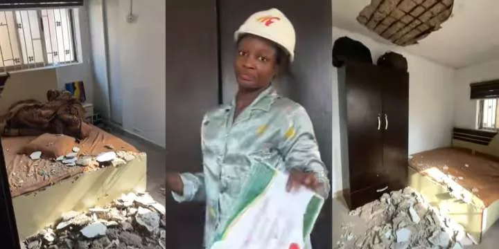 Nigerian lady narrowly escapes tragedy as ceiling crashes onto bed while she slept