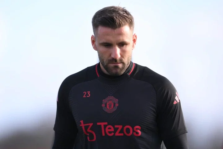 Luke Shaw of Manchester United takes part in a UEFA Europa League 2024/25 League Phase MD8 training session at the Carrington Training complex on J...