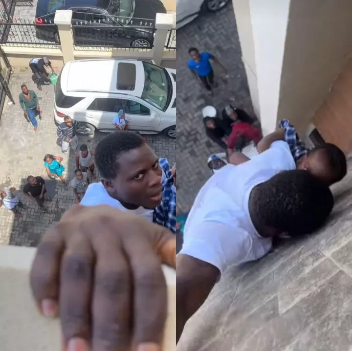 Man Heroically Holds On To Baby While Hanging Off Balcony As Fire Engulfs Building In Lagos (Video) Man Heroically Holds On To Baby While Hanging Off Balcony As Fire Engulfs Building In Lagos (Video)