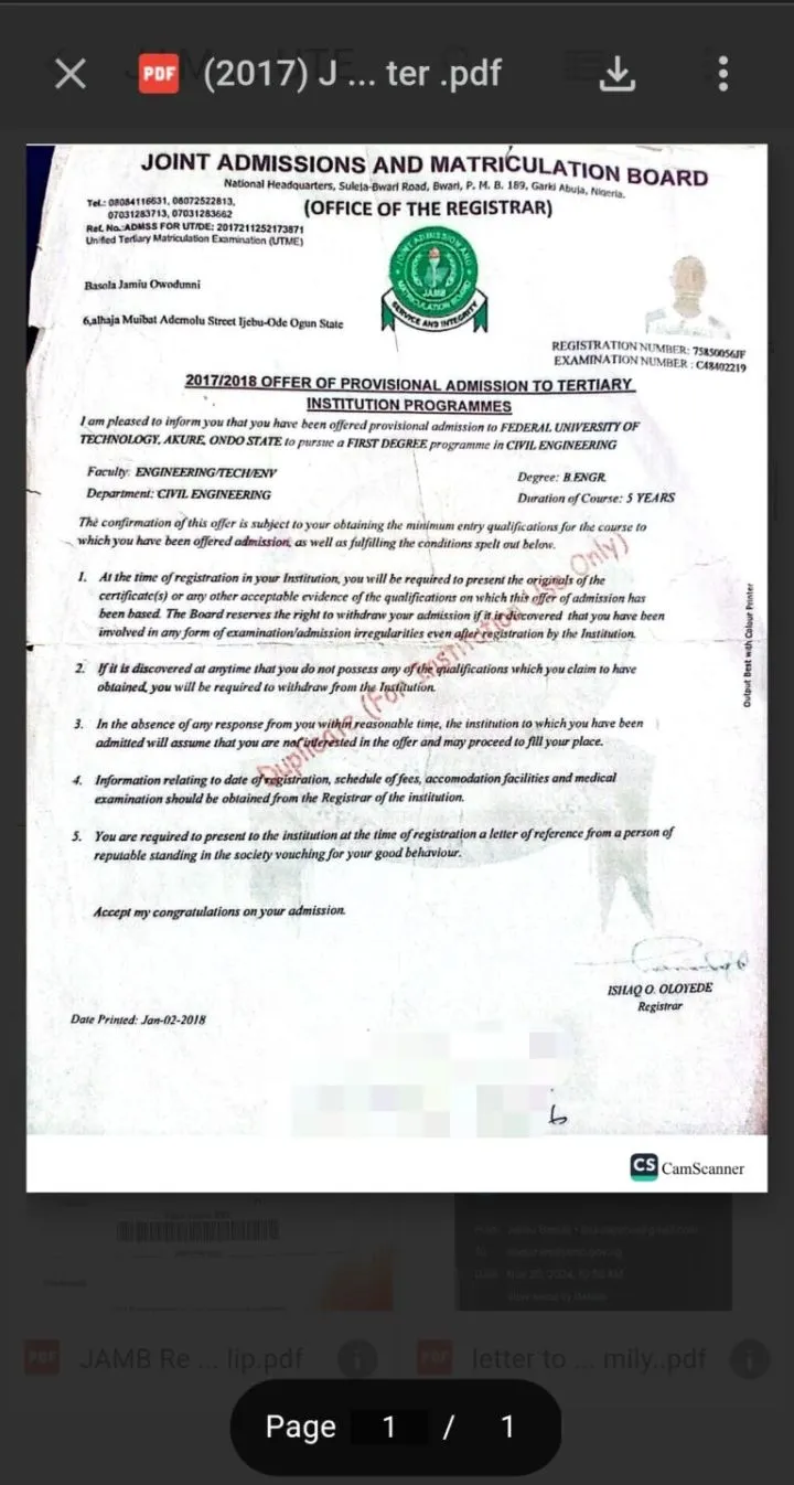 FUTA graduate detained after 7 years in school as JAMB calls admission 'fake'