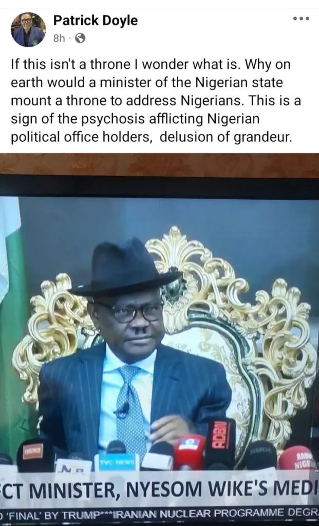 Patrick Doyle slams Wike over use of throne-style chair during media briefing