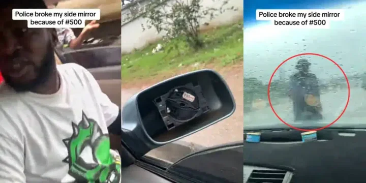 Police destroy car mirror during stop-and-search after driver refuses ₦500 bribe Police destroy car mirror during stop-and-search after driver refuses ₦500 bribe