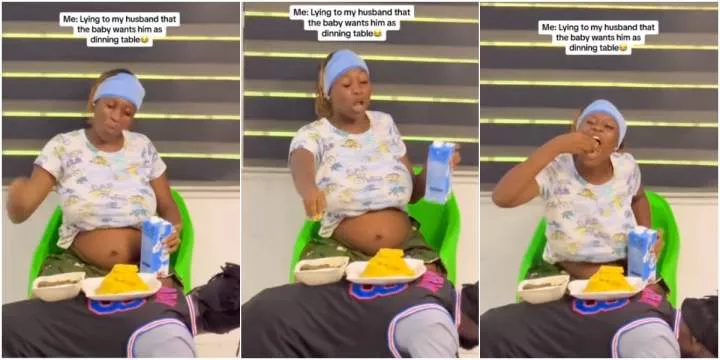 "Imagine if your mother-in-law walked in" - Pregnant lady causes buzz as she turns her husband into a dining table