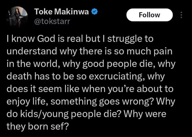 Why I tore all my prayer requests - Toke Makinwa