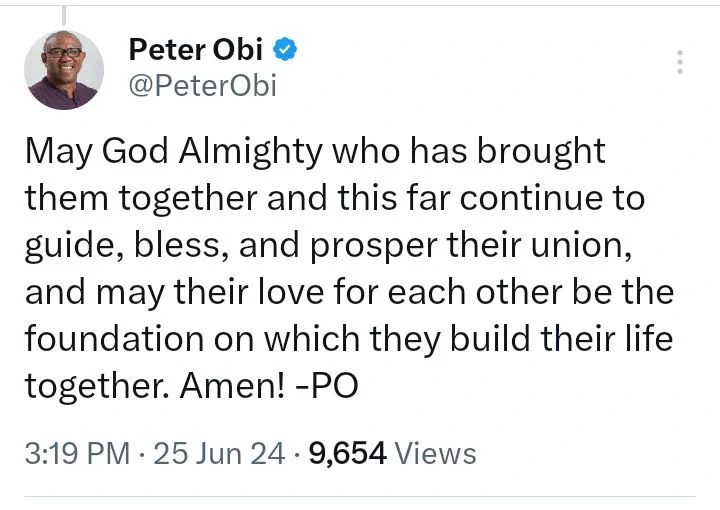 Peter Obi Reacts Over the Wedding of David Adeleke