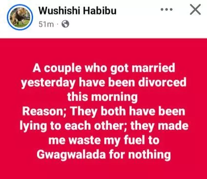 Couple divorces hours after wedding in Abuja, gives shocking reason