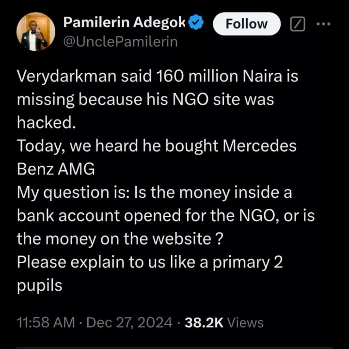 VeryDarkMan's alleged purchase of Mercedes Benz sparks rumors amid missing ₦180m from NGO website